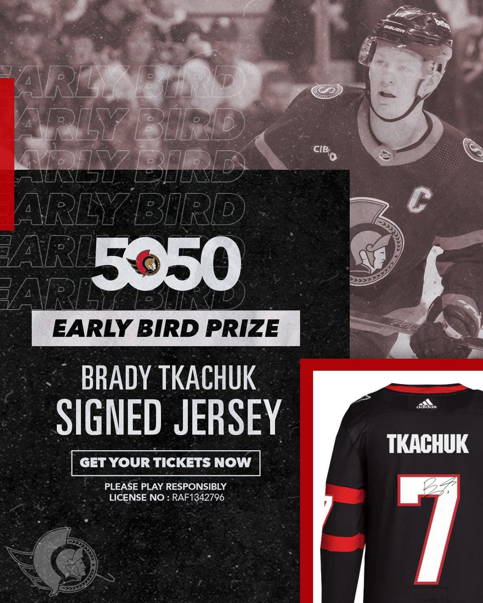 We've got a heavy hitting early bird prize for y'all 💪 🎟️ Get your 5050 tickets for a chance to win a signed Brady Tkachuk jersey: ottsens.com/3iYzKFF