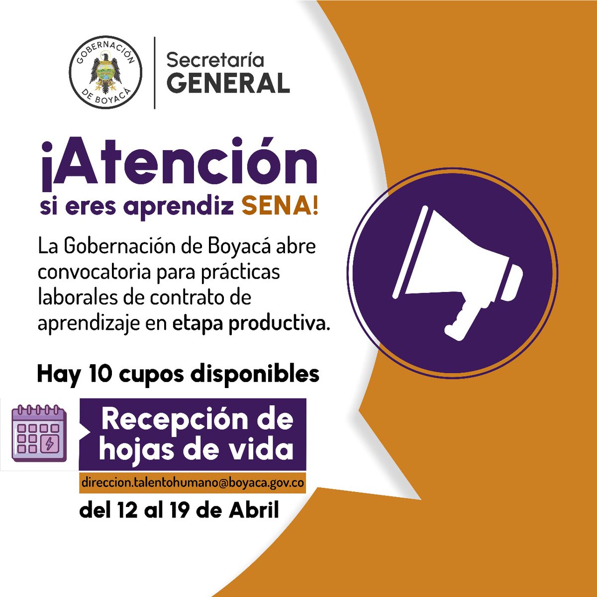 GobBoyaca's tweet photo. ¡Atención comunidad académica del SENA! 

La @GobBoyaca te brinda la oportunidad de realizar tus prácticas laborales como primera experiencia profesional 💜🤍💚.

¡Es momento de crecer, aprender y dar un impulso a tu carrera! 🚀 👇🏻👇🏻👇🏻 https://t.co/cILHIjFwaZ