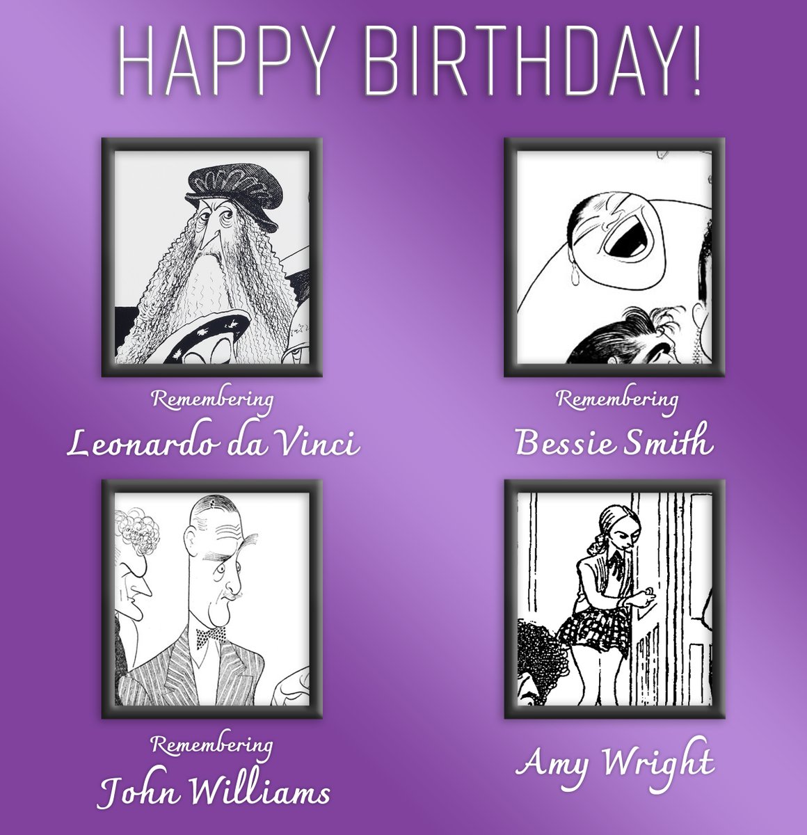 Today in Hirschfeld Birthdays: Leonardo da Vinci, Bessie Smith, John Williams, and Amy Wright! View works at alhirschfeldfoundation.org #Hirschfeld #LeonardoDaVinci #DaVinci #BessieSmith #JohnWilliams #AmyWright #Drawing #Birthday #TV #Film #Theater #Music #Art #NoisesOff