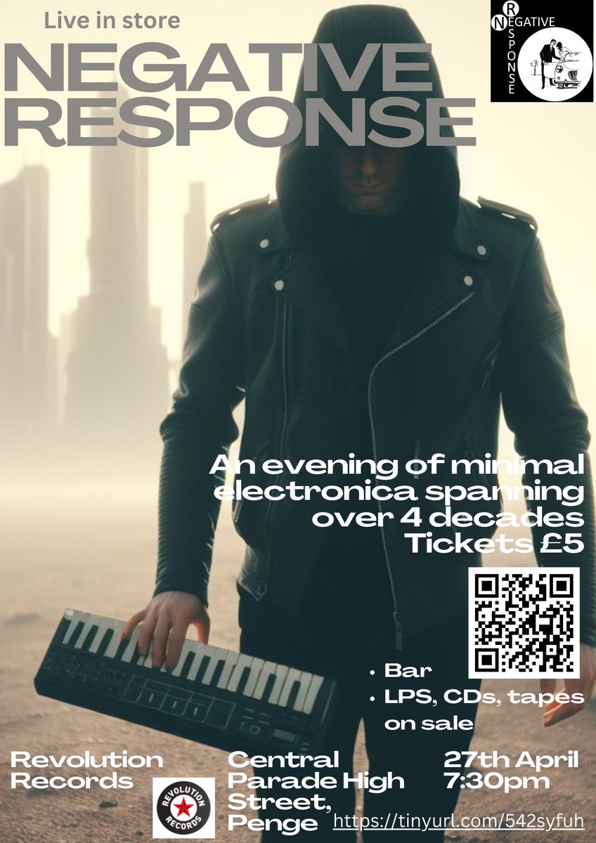 We are playing a small intimate gig at #penge #recordshop #Revolutionrecords on 27 April. Playing 2 different sets spanning over 4O years. Ticket link eventbrite.com/e/negative-res… #southlondon #electronicmusic #Synth #Postpunk #livemusic #indie #alternative #dystopian #crystalpalace