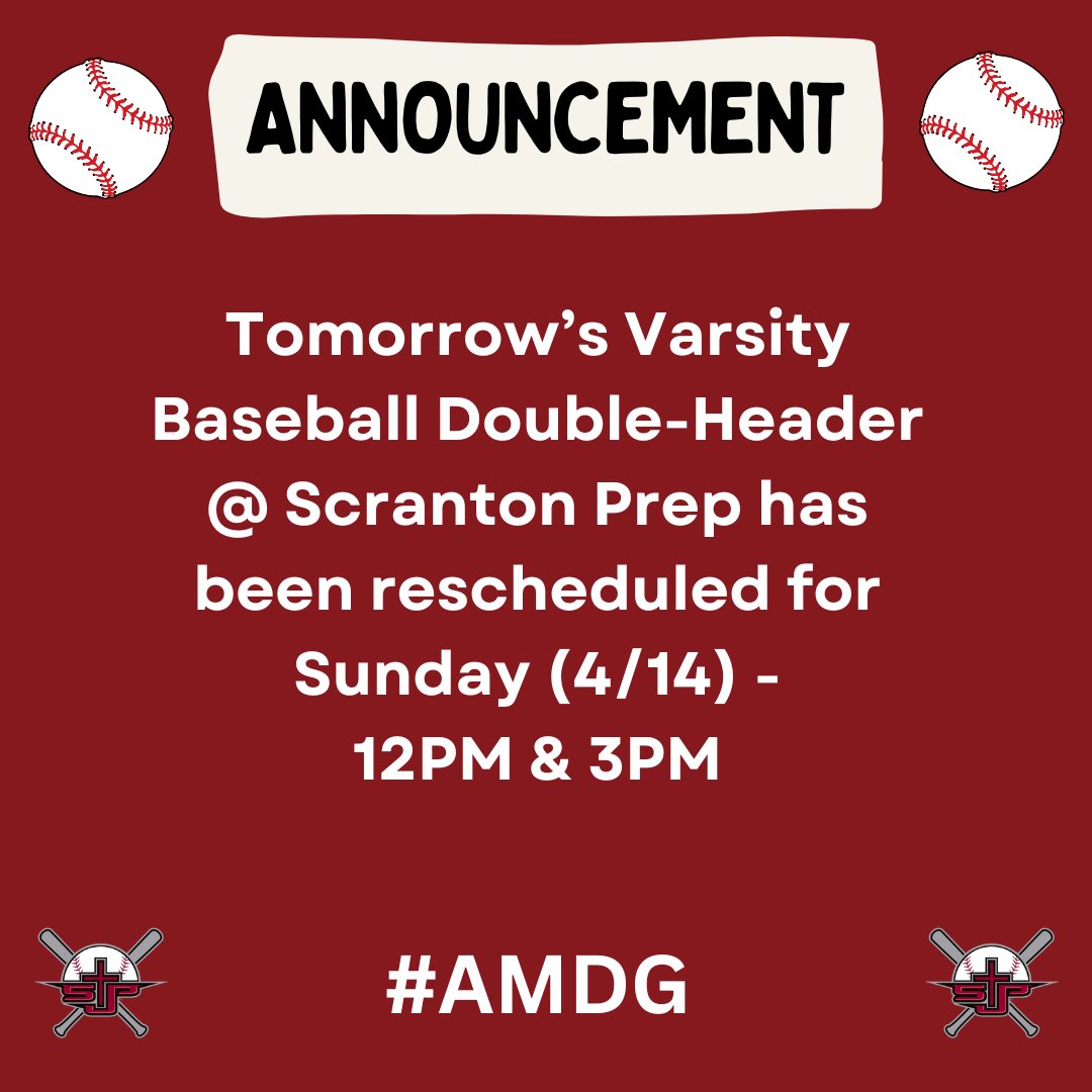 Due to the Inclement Weather our Saturday Double-Header at Scranton Prep has been moved to Sunday. Announcement Below: