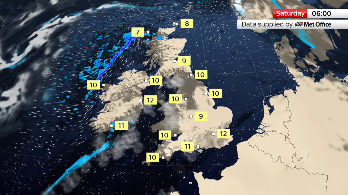 Earlier rain will clear eastwards overnight, although some heavy showers will develop in the northwest along with a risk of coastal gales. Otherwise it’s a mild night with low cloud for southern and western coasts. skynews.com/weather