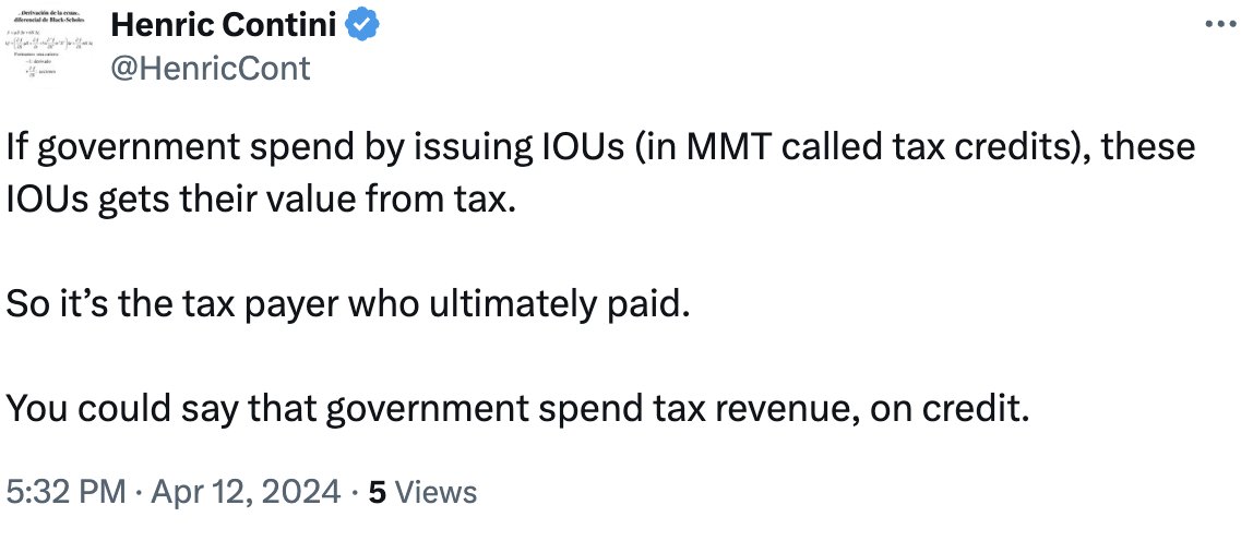 Here is a post from someone who desperately wants people to know that taxpayers money is used to pay for things. He says: - money gets its value from tax. - So, therefore its the taxpayer who ultimately paid. I struggle to find the logic connecting the two.