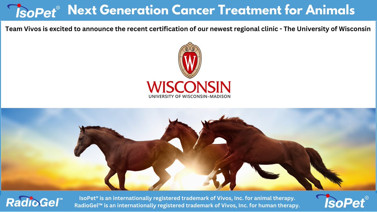 BIG news!!! The University of Wisconsin has completed the certification process and has officially joined the IsoPet® team! Now accepting equine patients! More information on IsoPet.com #VivosIncUSA #IsoPet #RadioGel #EquineCancer $RDGL