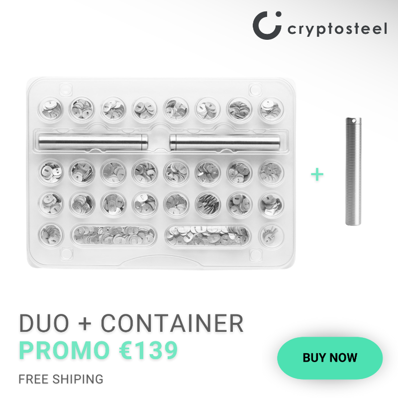 cryptosteel's tweet photo. Triple Backup, One Low Price: €139 for Cryptosteel Capsule Duo + Container! Just €46.3 per backup, free shipping. Safe, smart, and economical!