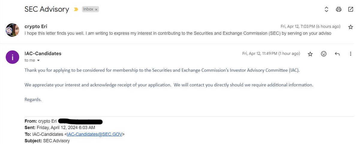 My application for the @SECGov membership to the Securities and Exchange Commission’s Investor Advisory Committee (IAC) was officially acknowledged. Nothing changes if you don't try.