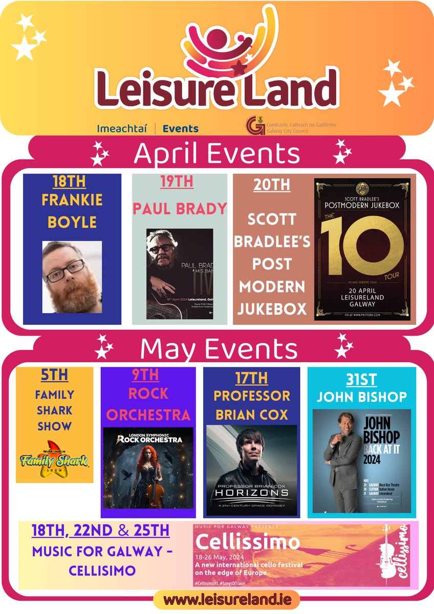 Leisureland #Salthill #Galway - April and May events. @leisurelandGal