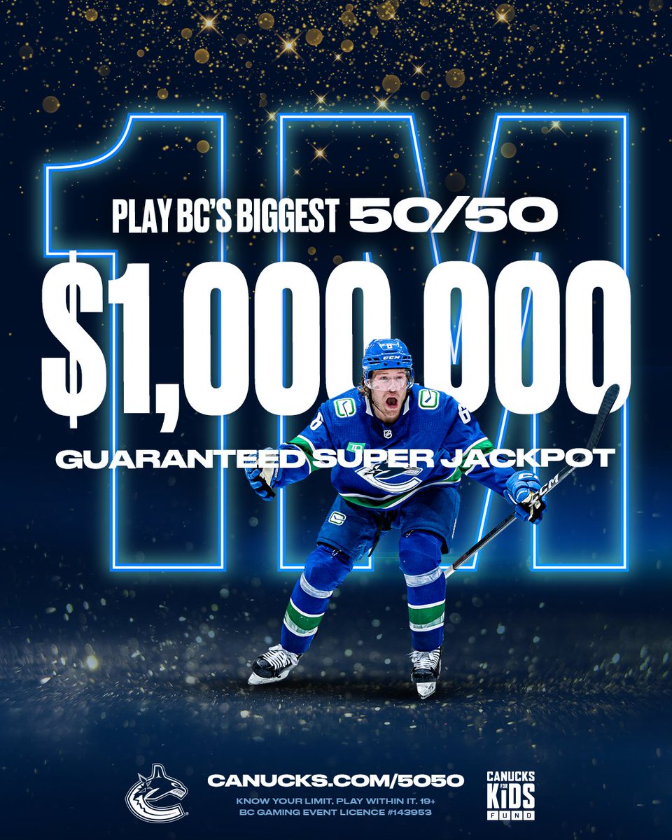 Don't forget! Our guaranteed $1 Million Jackpot 50/50 raffle is open! 💰 Sales are open until our last home game on Tuesday, April 16th for your chance to win big! Must be 19+ and located in BC to play. BUY NOW | canucks.com/5050