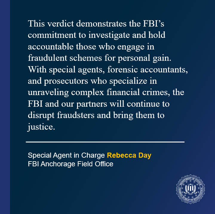 Following an #FBI investigation, a federal jury convicted an Anchorage man for participating in a scheme to defraud a company out of millions of dollars. @USAO_AK Press Release: ow.ly/MFCl50Rfcen