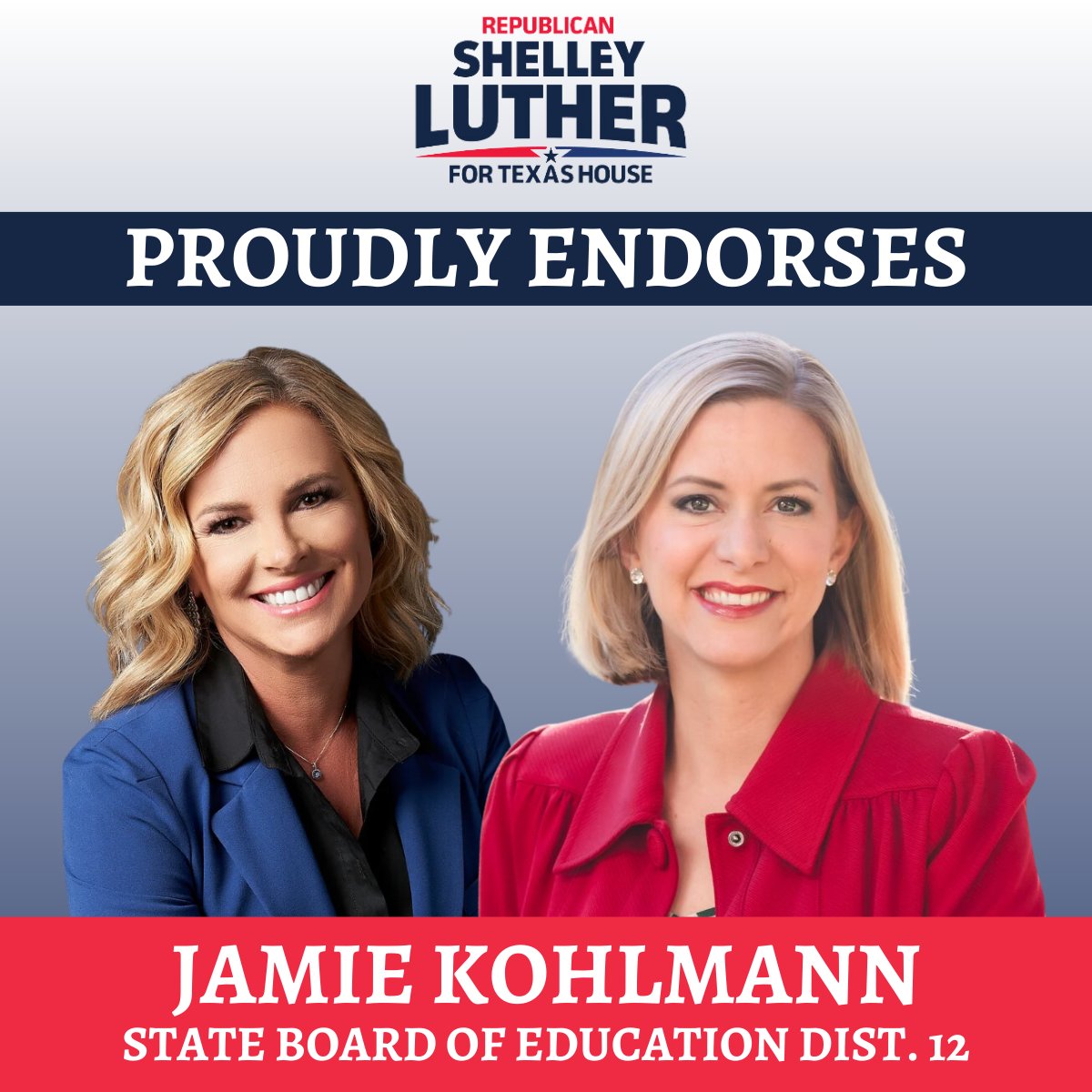 I'm proud to endorse @jamiesue for TX SBOE District 12. Jamie Kohlmann is undoubtedly a fierce fighter who is unafraid to stand up against WOKE idealogies and is a champion for parents who deserve a choice when selecting the best education for their children. #SchoolChoice