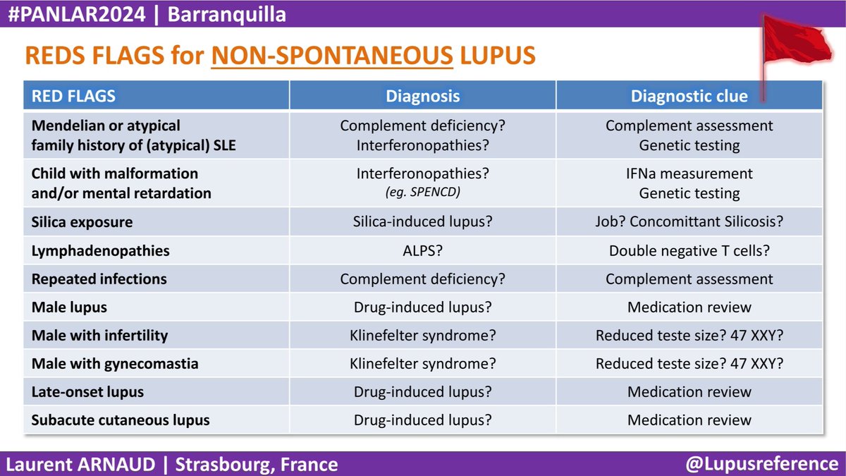 ✅ #PANLAR2024 'REFRACTORY #LUPUS' Check 🔎 the RED FLAGS 🚩 for syndromic & 'non-spontaneous' lupus, such as drug-induced lupus 💊 or associations such as male ♂️ lupus & Klinefelter syndrome What would YOU add to this list?