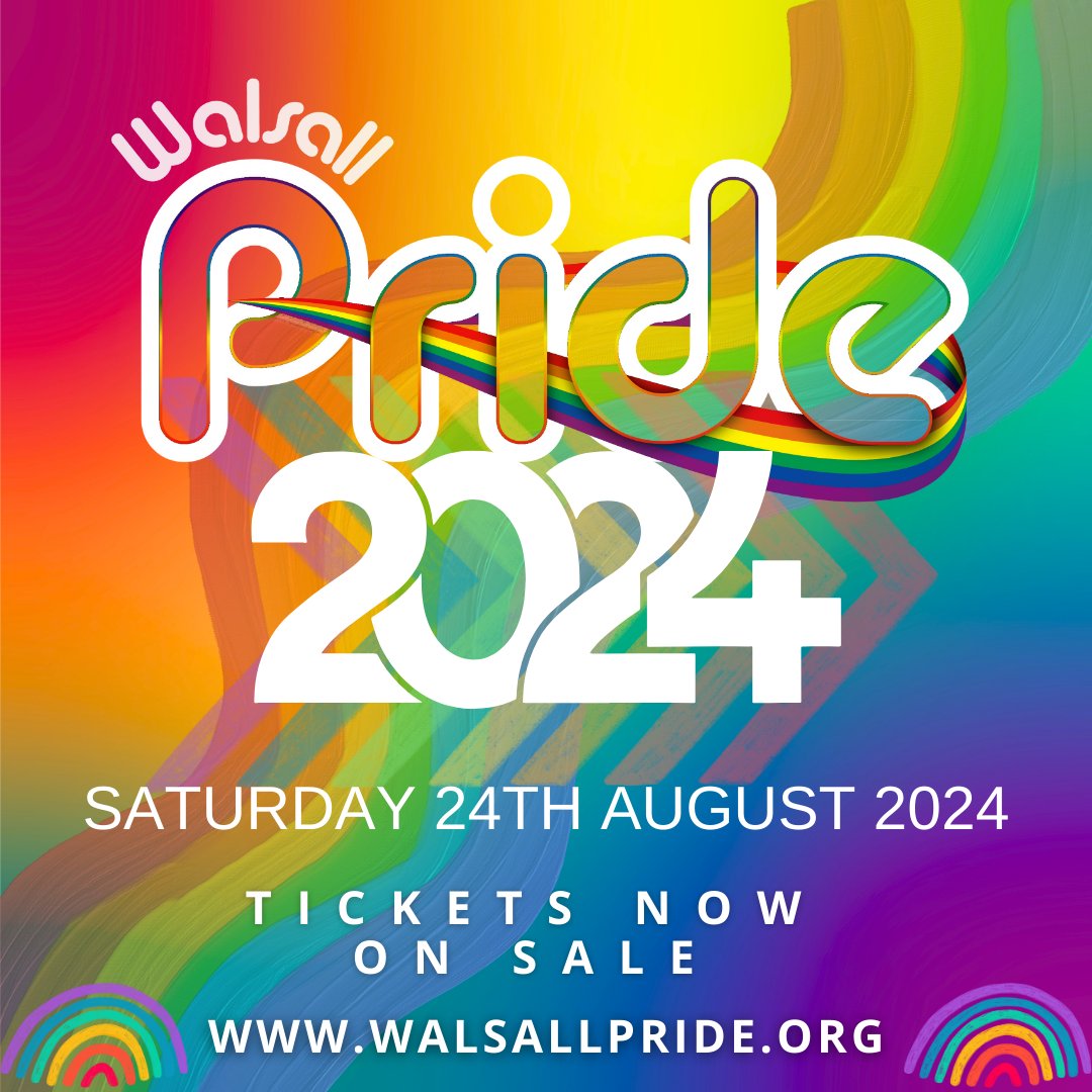 Walsall Pride 24/08/24 12pm-7pm

2nd release just £4 until 30th april buy at bit.ly/walsallpride20… 

Low income Discounted Tickets⬇️ bit.ly/WP-TicketsForG…

#pride #walsall #whatsonwalsall #westmidlands #festival #lgbt #lgbtqia #gay #lesbian #bisexual #transgender #pridemonth