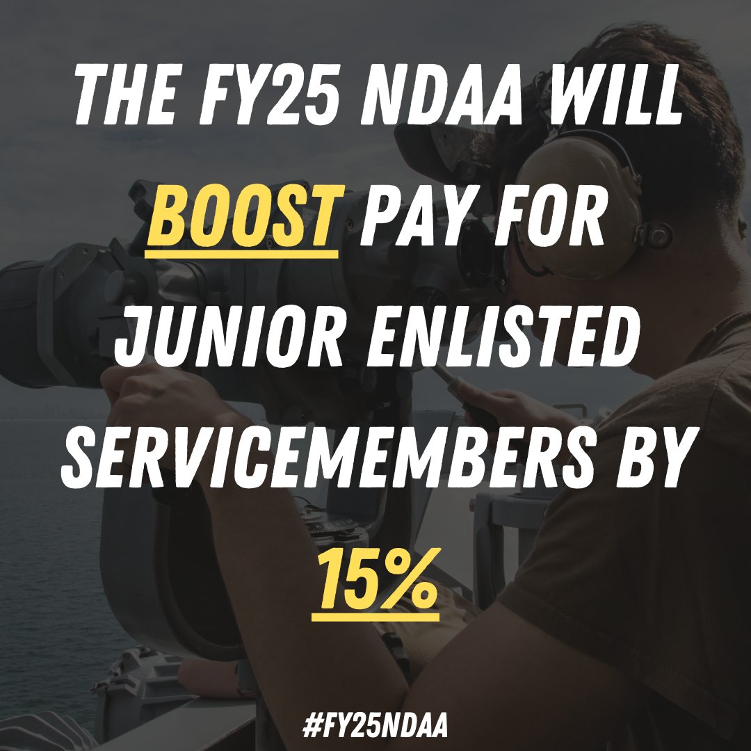 Over 60,000 servicemembers make less than $15 per hour in basic pay. This is why the FY25 #NDAA will give junior enlisted servicemembers a 15% pay raise.