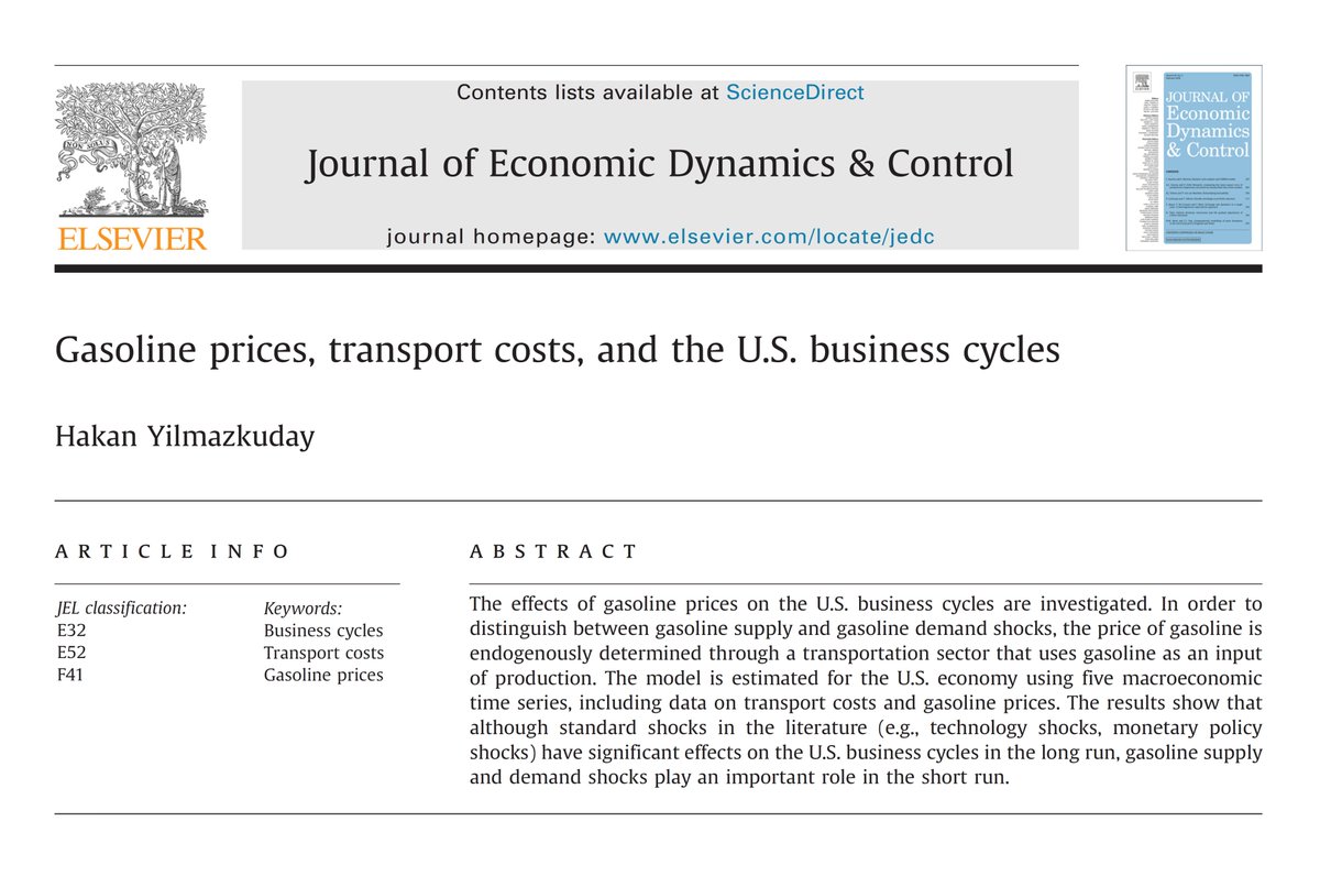 Are you looking for a DSGE model that can distinguish between gasoline demand and gasoline supply shocks? This one does it through a transportation sector: dx.doi.org/10.1016/j.jedc…

Free working paper version is available at dx.doi.org/10.2139/ssrn.1…

Blog post is available at…