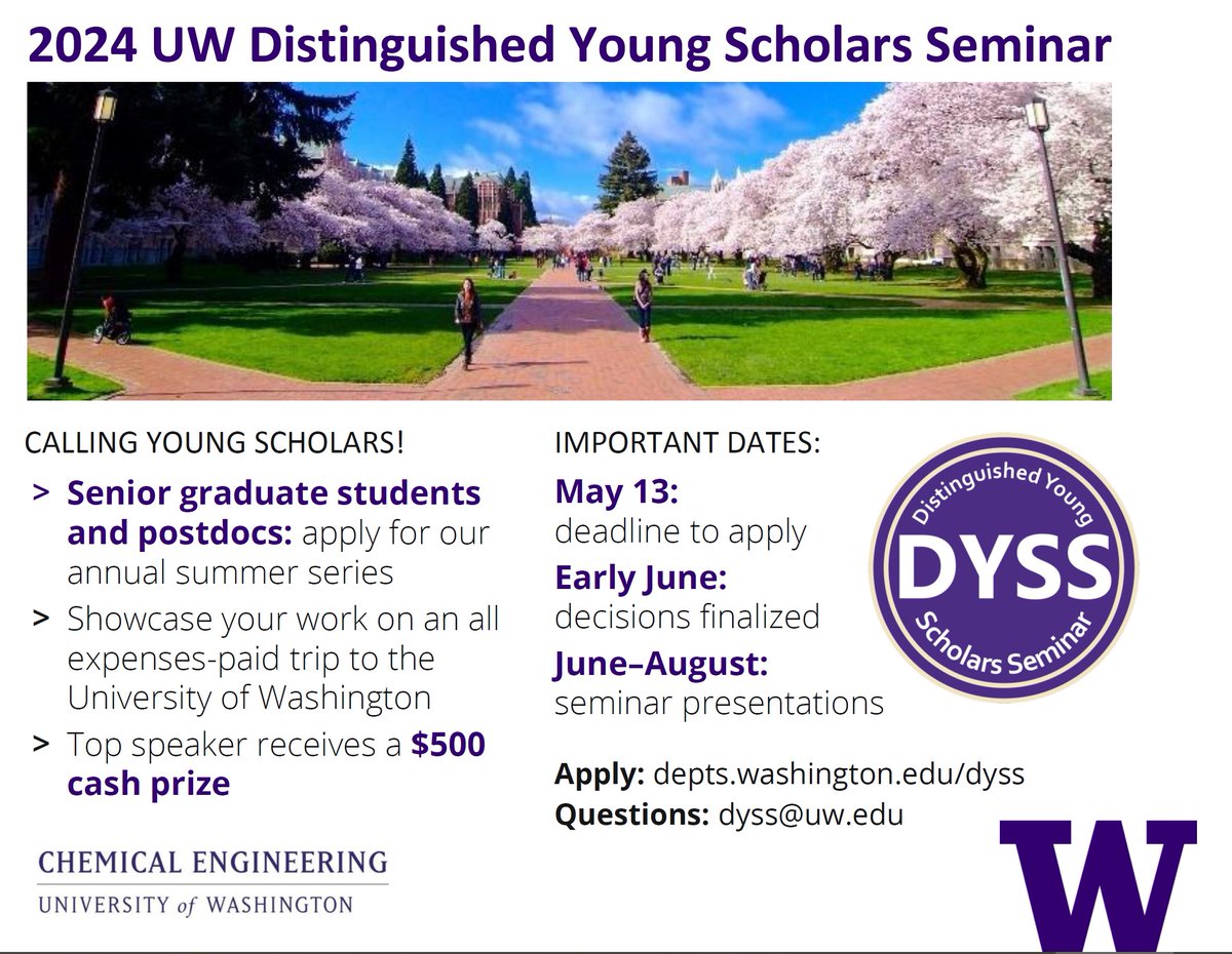 Applications for DYSS 2024 are now open! This is a fantastic opportunity for senior grad students and postdocs to practice for university visits/interviews and visit a super cool university at a gorgeous time of the year! depts.washington.edu/dyss/