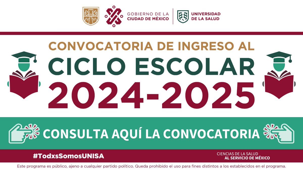 ¡INICIA EL PROCESO PARA EL INGRESO AQUÍ! La convocatoria al Ciclo Escolar 2024-2025 de la Universidad de la Salud ha sido publicada. Consulta la convocatoria: shorturl.at/RSX01 Para iniciar tu registro: unisa-aspirantes.cdmx.gob.mx