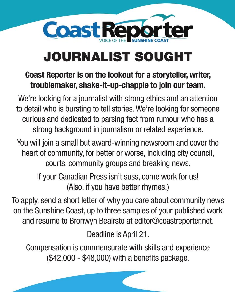 A full-time journalism job by the beach? My job with @coast_reporter could be yours! See all the details here: jeffgaulin.com/jobs/JobDetail…