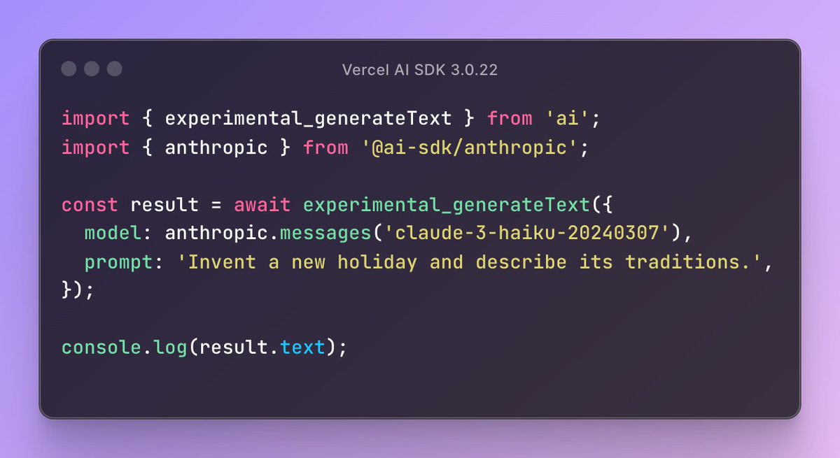 Update for AI SDK v3.0.22: The providers for the experimental AI Core functions (OpenAI, Mistral, Google, Anthropic) are now split into separate packages within the ai-sdk NPM org. You need to install the necessary packages to continue using these functions. Example usage: