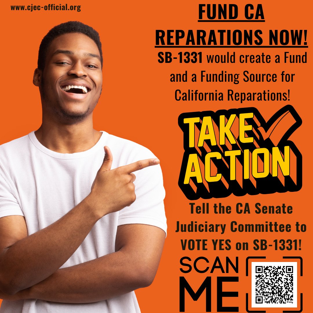 cjecofficial's tweet photo. 📣📣 Call to Action!! SB-1331, a bill to create a fund and a funding source for California Reparations for residents whose ancestors were enslaved and emancipated in the U.S. will be HEARD by the California Senate Judiciary Committee on Tues 4/16! Contact the Committee NOW and tell them to vote YES on SB-1331!

Take ACTION NOW! Click: https://t.co/PerIwyn7sR

@cjecofficial #CALeg #SupportSB1403 #lineage
