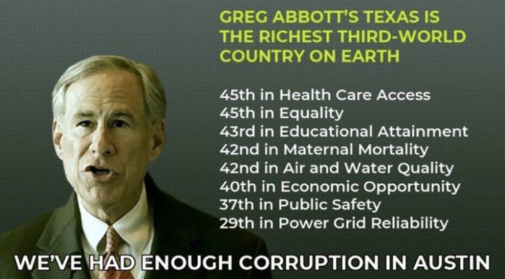 @GregAbbott_TX Bang up job you're doing for Texans, Greg. #VoteBlueForABetterLife