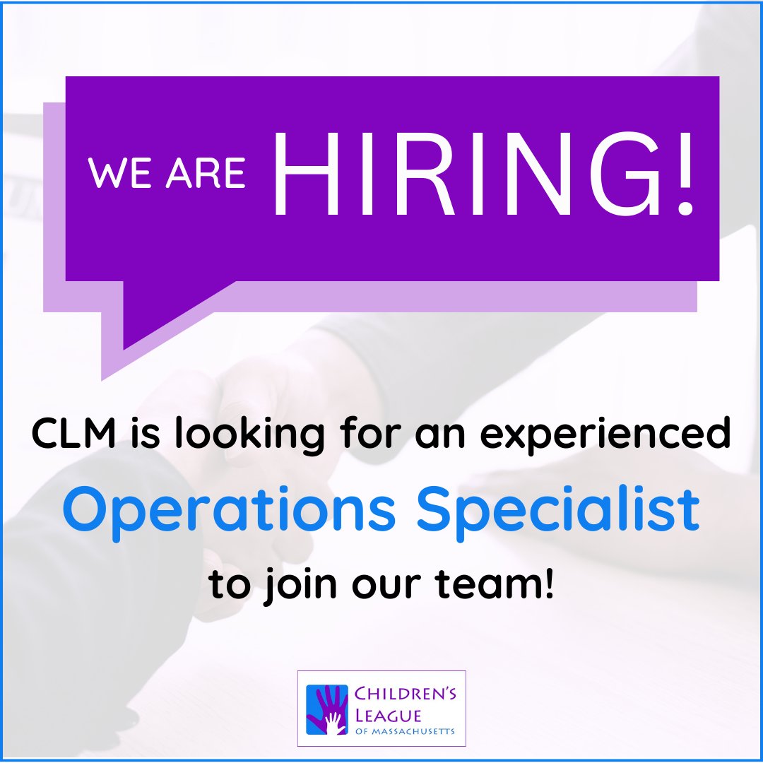 We are #hiring! We're seeking an #OperationsSpecialist to join our team at the Children's League of Massachusetts!

👉 Apply today: loom.ly/k_3LbYw

Please share this job posting with your networks to spread the word!
#mapoli #nonprofitcareers