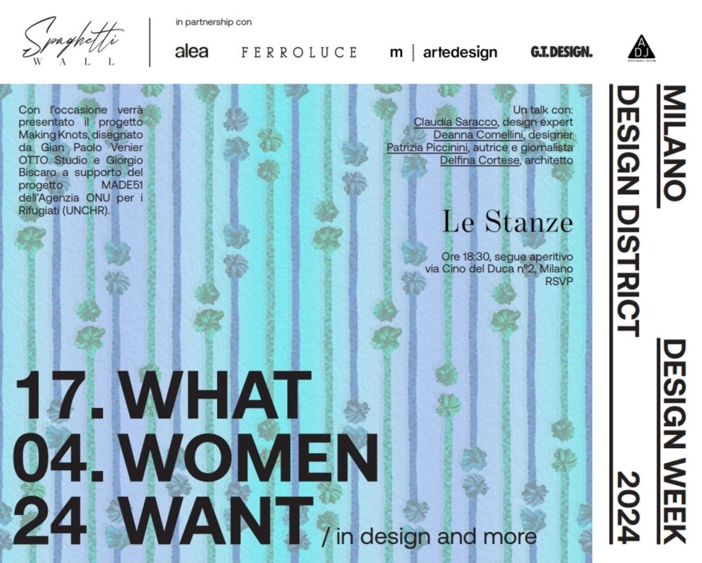 Mercoledì 17, a Milano, una conversazione sul potenziale creativo delle donne. Insieme a me, Deanna Comellini, Patrizia Piccinini e Delfina Cortese. #mdw24 #milandesignweek #spaghettiwall #whatwomenwant