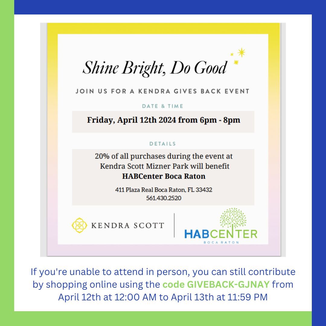 Join HabCenter at Kendra Scott's Gives Back Event at Mizner Park on Friday, April 12th, from 6 PM to 8 PM. If you're unable to attend in person, you can still contribute by shopping online using the code GIVEBACK-GJNAY from April 12th at 12:00 AM to April 13th at 11:59 PM.