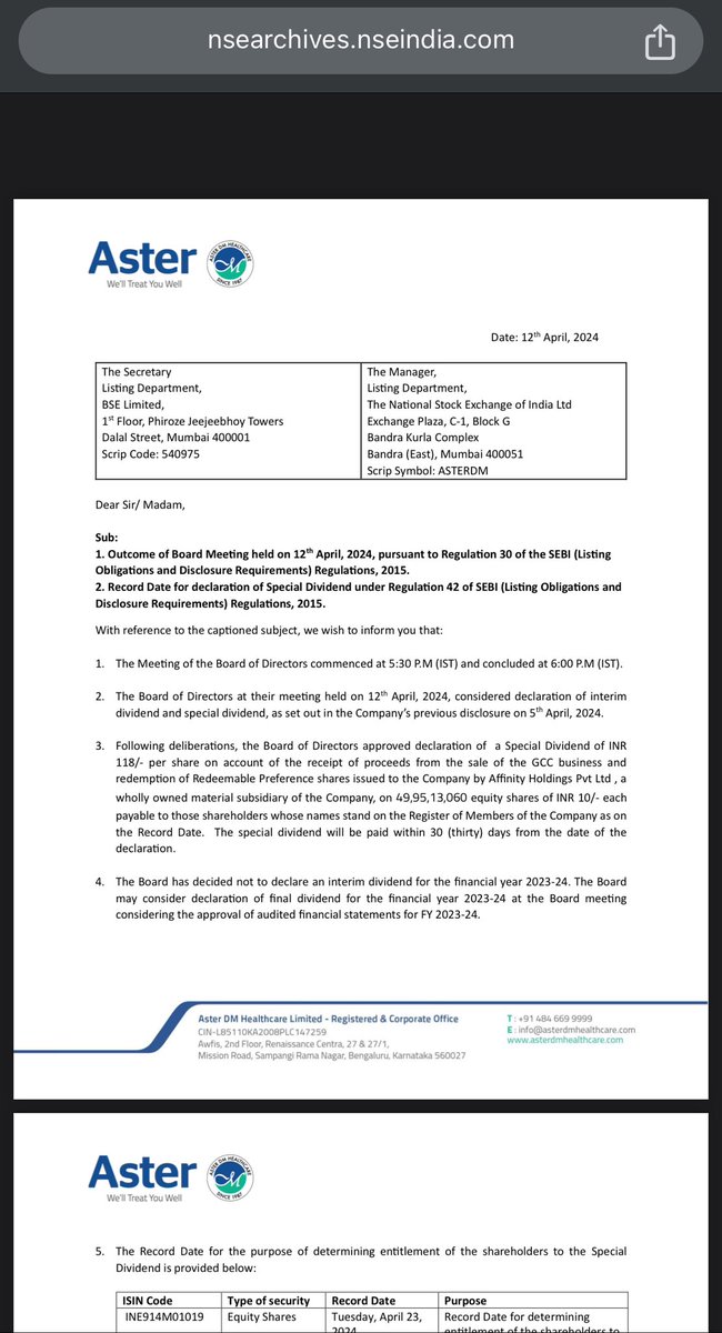 AsterDm 

Friday closed : 487
Dividend declared ₹118/sh 🔥🔥

#ASTER