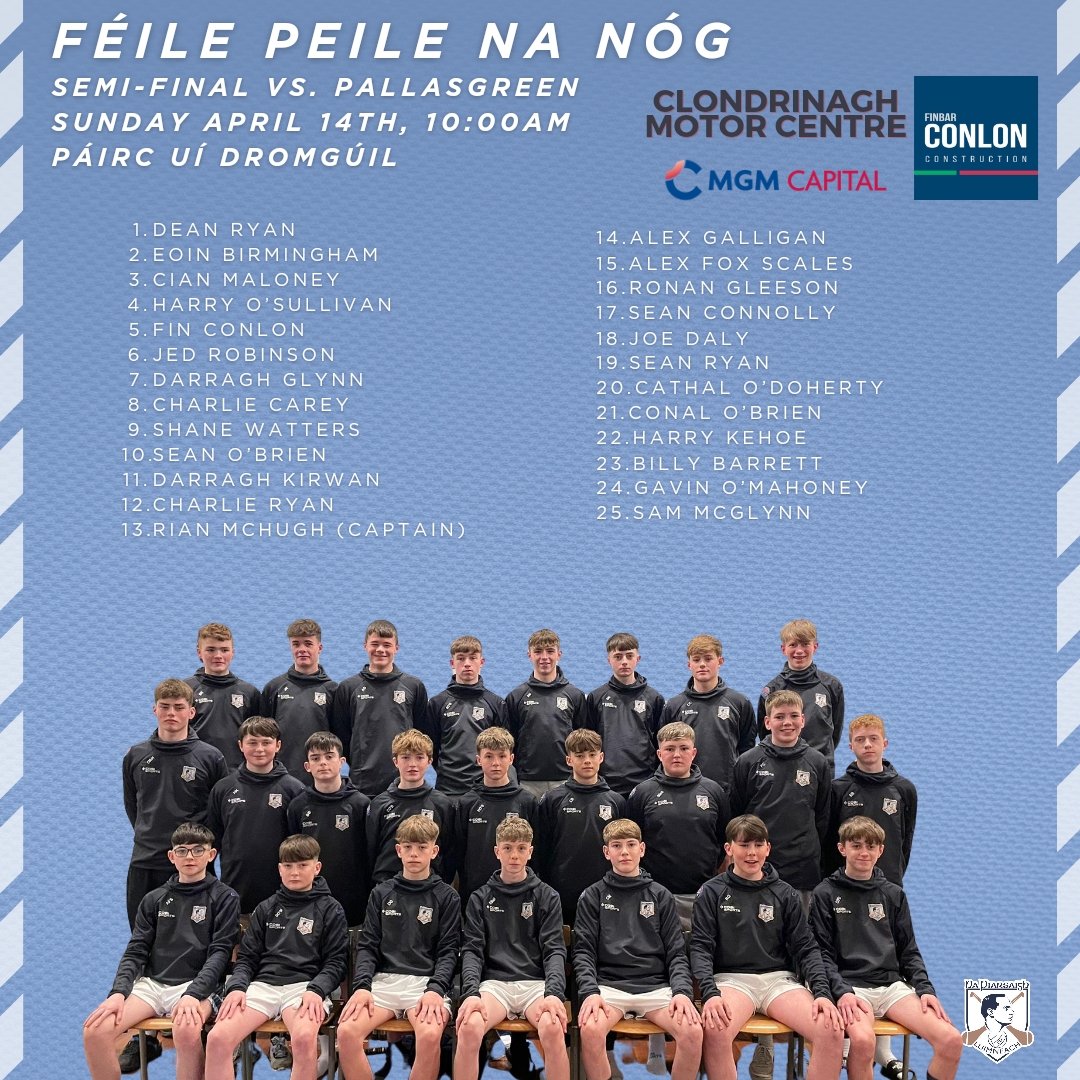 Our Féile Peile team are playing Pallasgreen in the county semi-final on Sunday morning at 10:00, in Na Piarsaigh. The team and management have put in great work since the start of the year and we wish them all the best of luck. Na Piarsaigh ABÚ 💪🏻