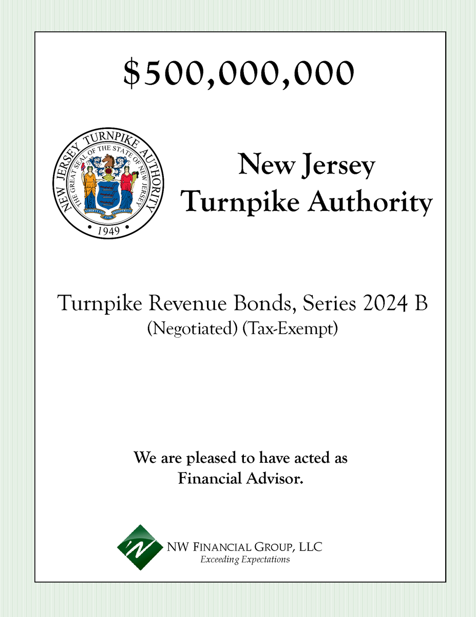 Adding Another to Our Portfolio - Closed!
NW Financial served as Financial Advisor to the New Jersey Turnpike Authority on the following Bond transaction which closed on April 3, 2024.
conta.cc/43YPGhd
#nwfinancial #financialadvisor #njta #NewJerseyTurnpike  #bonds #notes