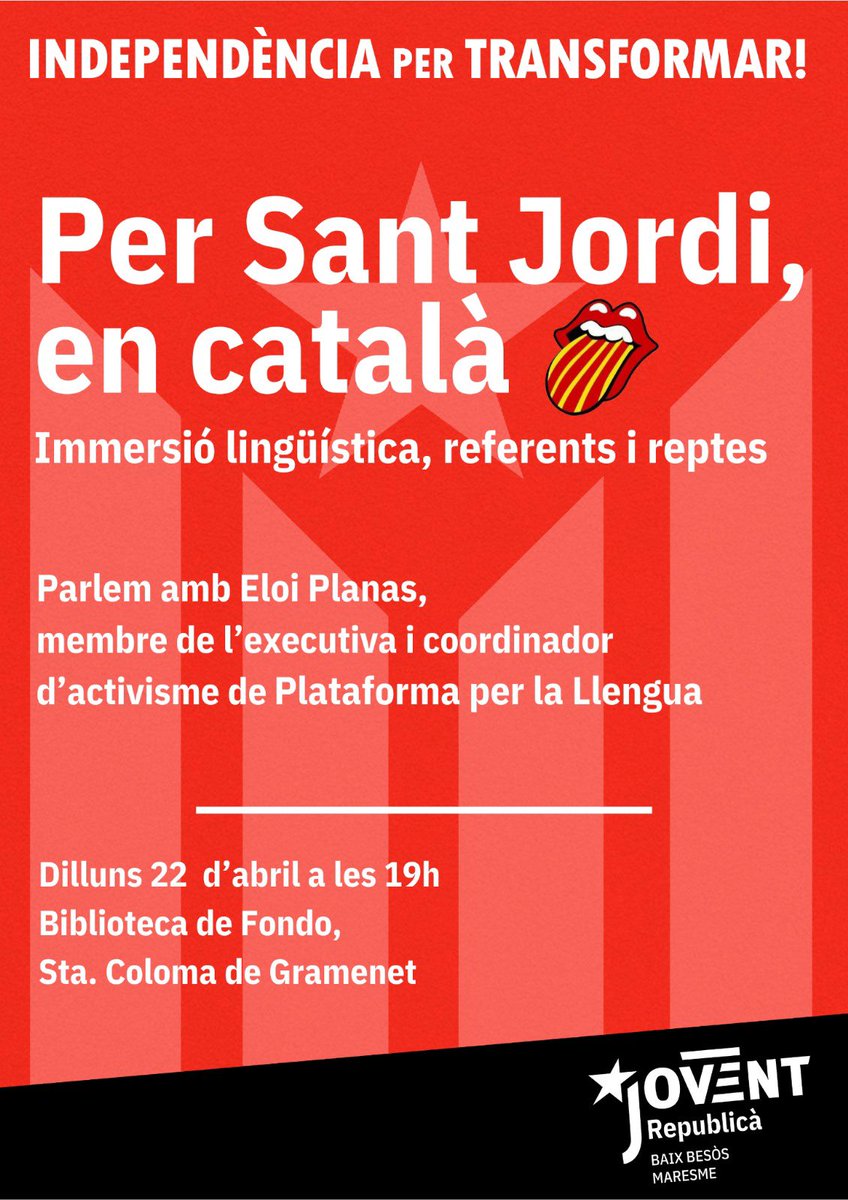 ‼️ 👀 Us esperem el dilluns 22 d’abril per parlar sobre immersió lingüística, referents i reptes amb Eloi Planas✊

📍Biblioteca de Fondo, Sta. Coloma de Gramenet 
⏰ 19h