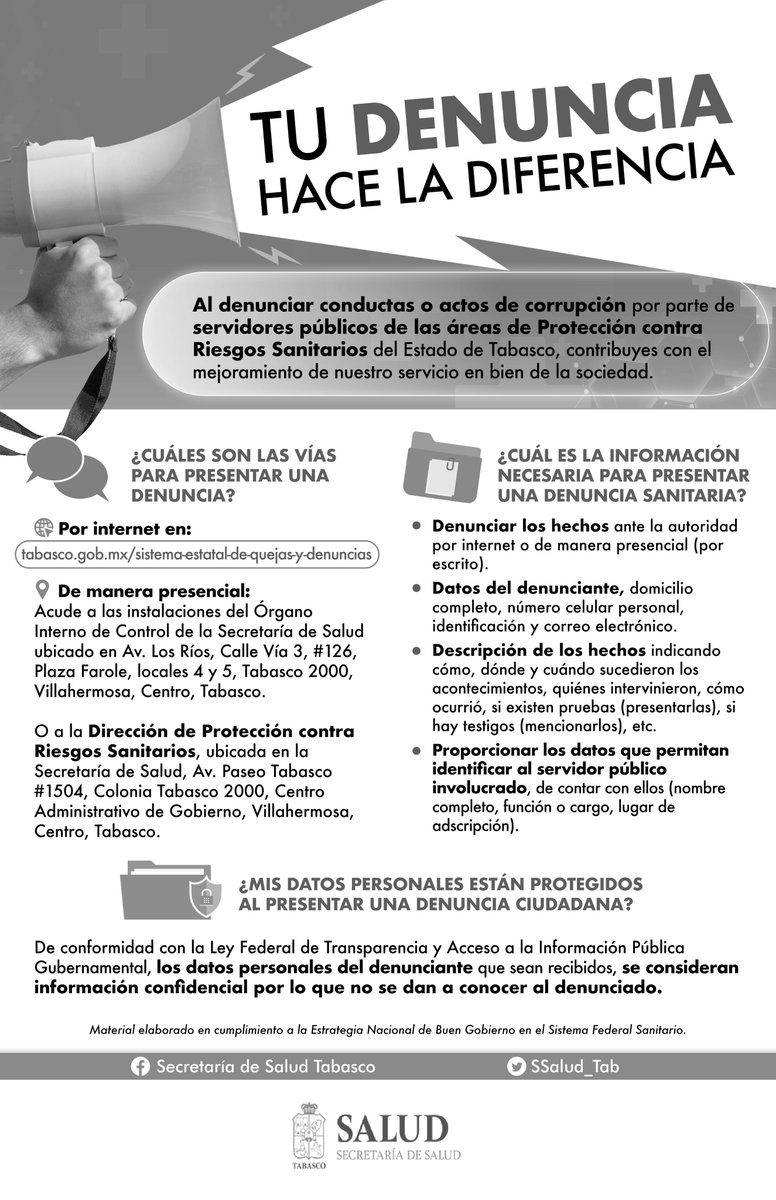 ¡Tu denuncia hace la diferencia! Si presencias conductas o actos discrecionales ¡Denúncialo de inmediato! ☎️ 9933100000 ext. 81206 💻tabasco.gob.mx/estatal-estata…… La Dirección de Protección Contra Riesgos Sanitarios es una institución y un espacio libre de corrupción.