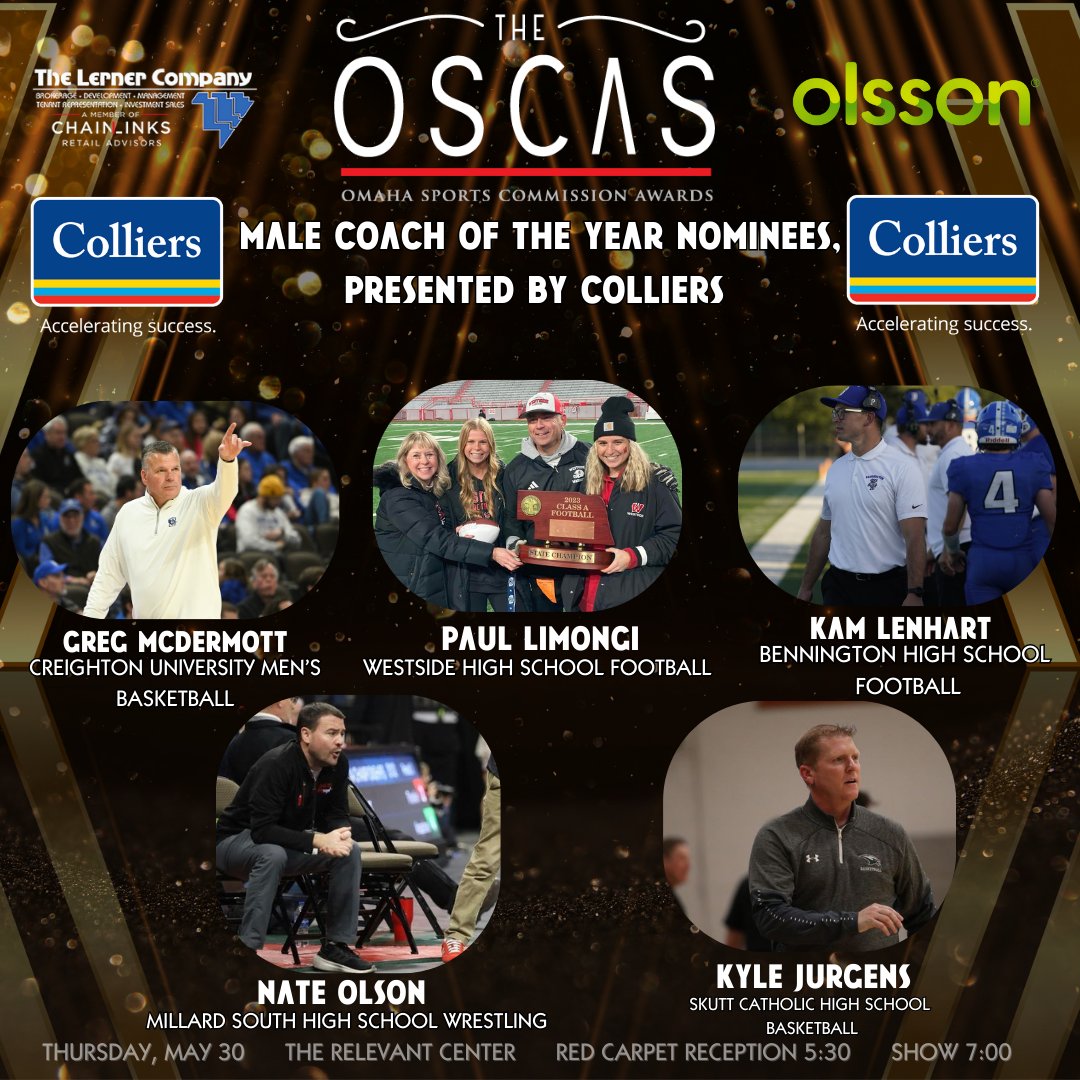 Here are your nominees for the 'Male Coach of the Year, presented by the Colliers! Who are you voting for? Comment and let us know. Voting ends April 26th use the link below to have your voice be heard! omahasports.org/oscas @WeAreOlsson @LernerCo @Colliers