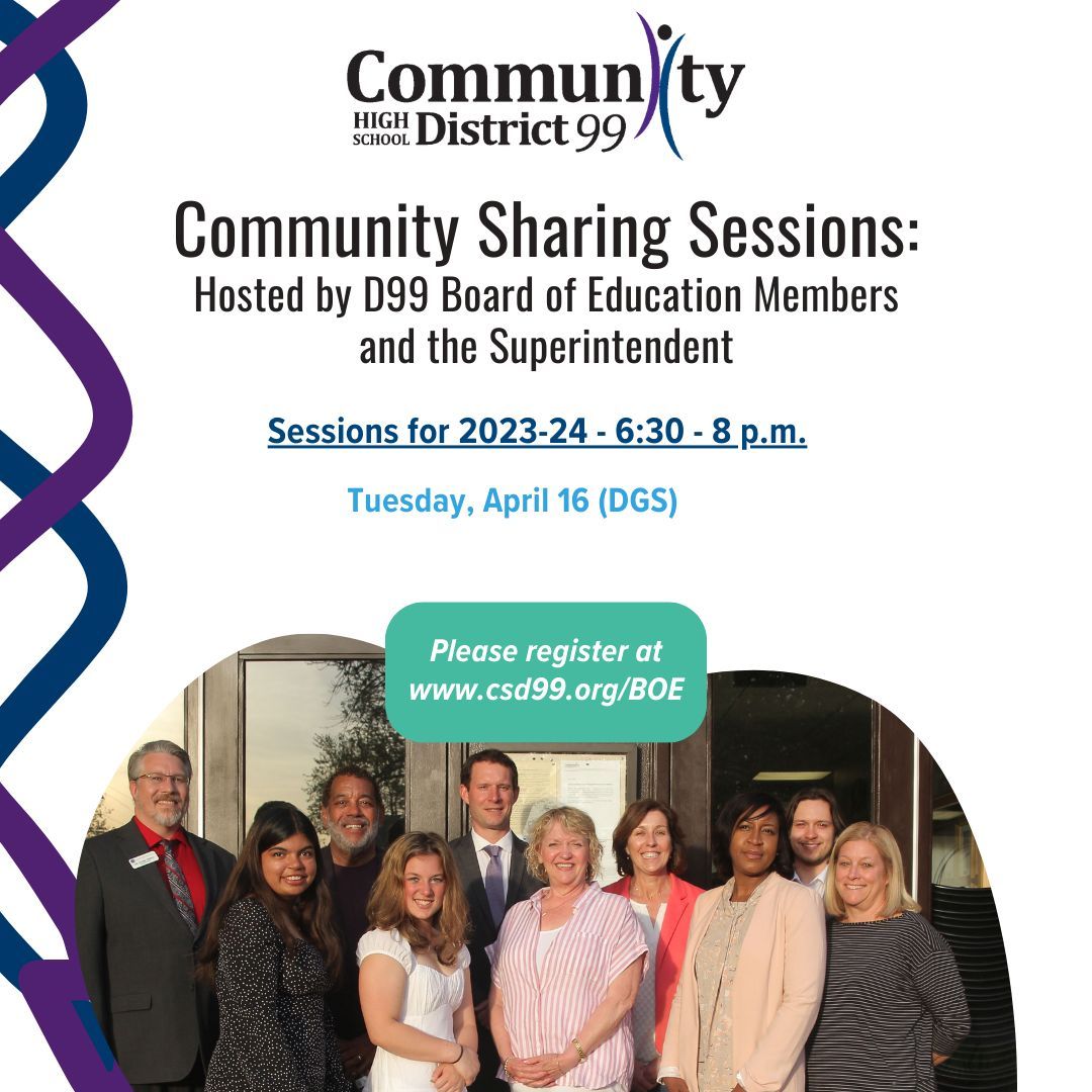 It's the final District 99 Community Sharing Session of the school year! 📅 The session will be held Tuesday, April 16, at Downers Grove South High School in the Community Room from 6:30-8 PM. buff.ly/3QHljFO We hope to see you there! #99learns #DGSPride #WeAreDGN