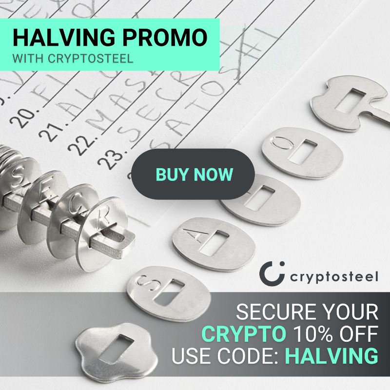 cryptosteel's tweet photo. Bitcoin Halving is here! Dive into the future with a 10% discount on all Cryptosteel products from 16-23 April. Secure your keys as the crypto landscape evolves. Use code 'HALVING' at the CART stage to receive 10% off everything excluding hardware wallets valid until April 21st