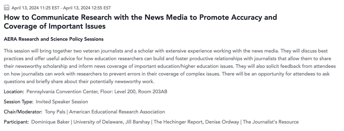 If you're in Philadelphia for #AERA2024 and you want more coverage for your research in the media, come to our session on Saturday, April 13 at 11:25am. I'll be explaining how I pick studies, @DeniseOrdway has tips and @bakerdphd will share her wisdom about OpEds and interviews.