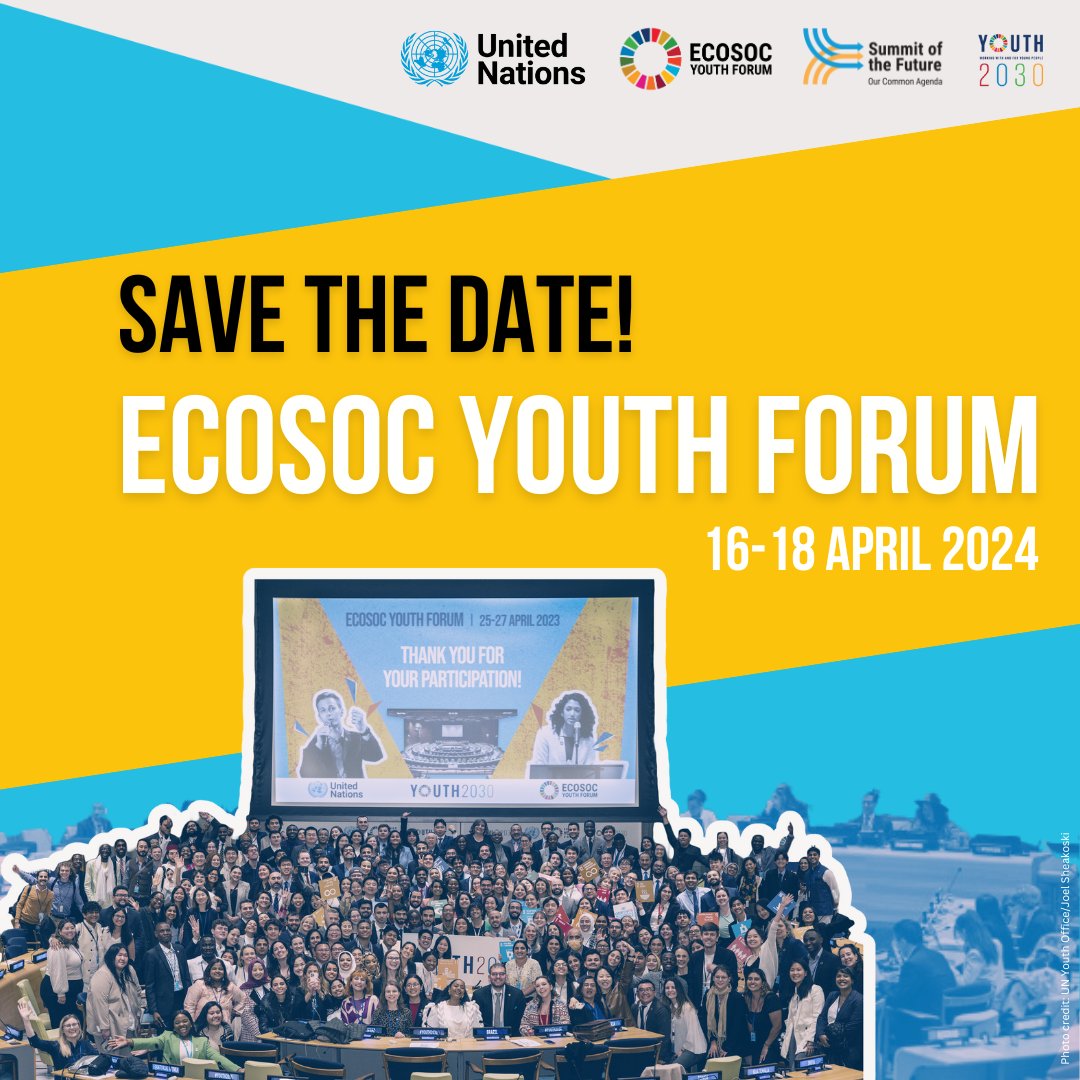 Youth across the globe are gearing up for the ECOSOC #Youth2030 Forum in NYC, April 16-18, and we urge you to speak up and #ActNow! Your choices matter for #OurCommonFuture. Find out more  ➡️ ecosoc.un.org/en/what-we-do/…