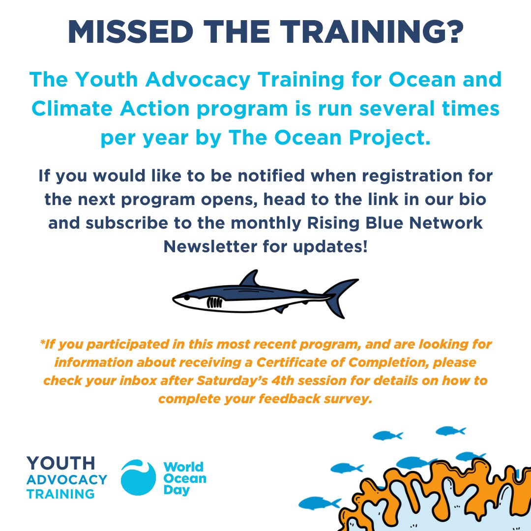 ‼️TOMORROW‼️
CALLING ALL GLOBAL YOUTH!!
Join us for the fourth and final session of #YouthAdvocacyTraining, a free, 4-week virtual program available for any youth leaders anywhere in the world.
Did you miss the first three sessions? Catch up on the recordings on the World Ocean