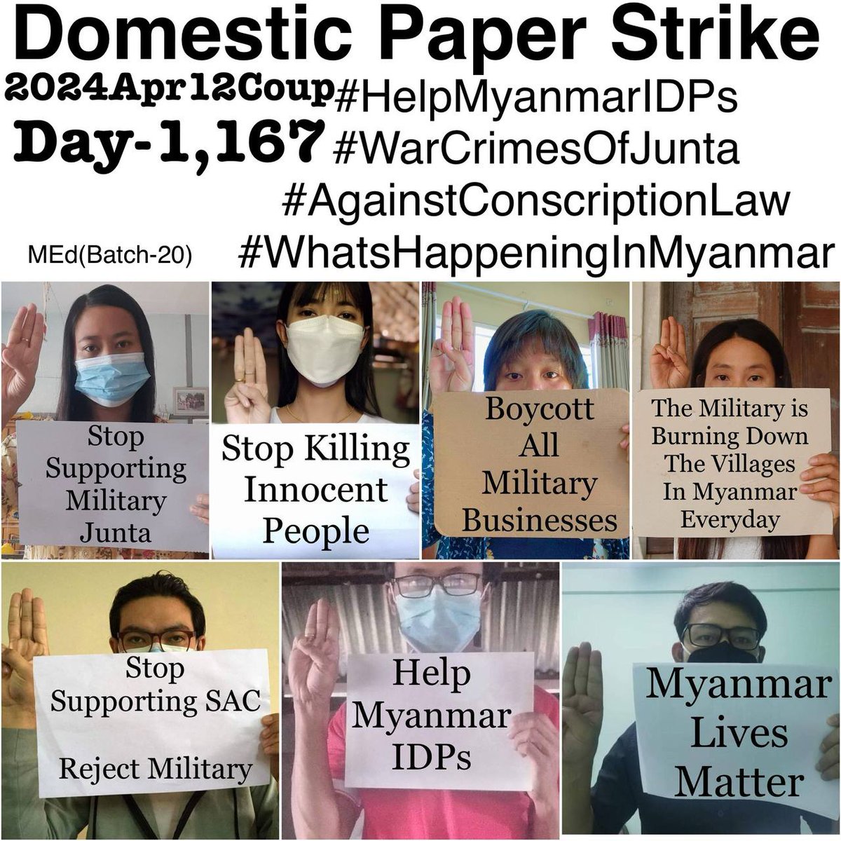 Daily anti-coup revolutionary domestic strike by pro-democracy CDMer teachers from Sagaing University of Education as 1,167th day. #2024Apr12Coup #AgainstConscriptionLaw #WhatsHappeningInMyanmar