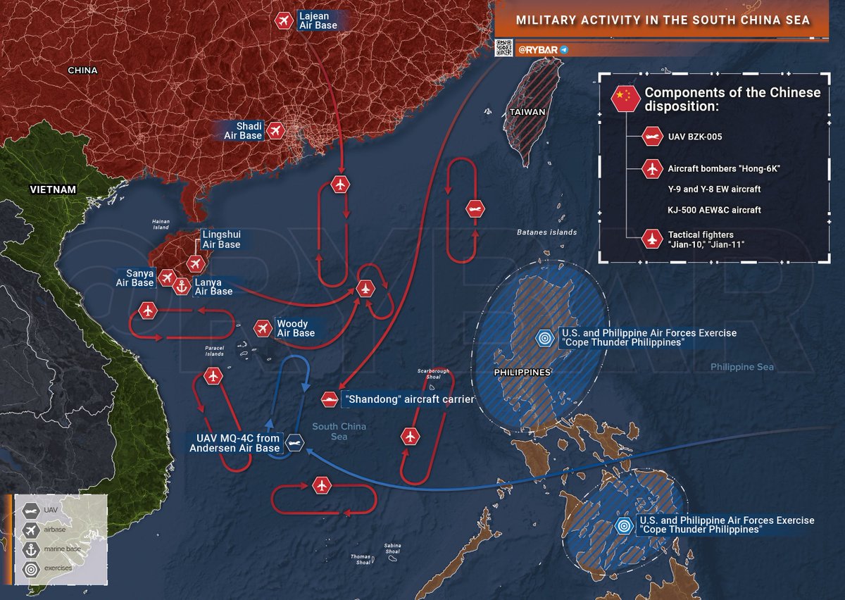 🇨🇳🇺🇸 After a series of short training exercises in the Asia-Pacific region, two major exercises began at once in the South China Sea: one led by the Americans and the other organized by the Chinese. 🔻 The Americans launched the Cope Thunder Philippines event together with…