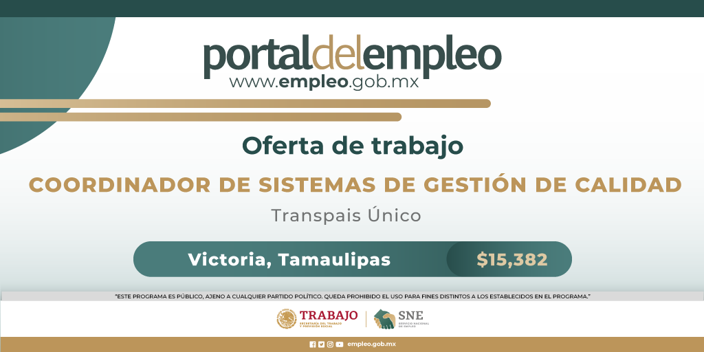 📢 #BolsaDeTrabajo 

👤 Coordinador de sistemas de gestión de calidad en Transpais Único.
📍Para trabajar en #Tamaulipas.
💰15,382.00.

Detalles y postulación en: 🔗 goo.su/OMnhA1z
📨 karla.martinez@transpais.com.mx

#Trabajo #Empleo #SNE #PortalDelEmpleo