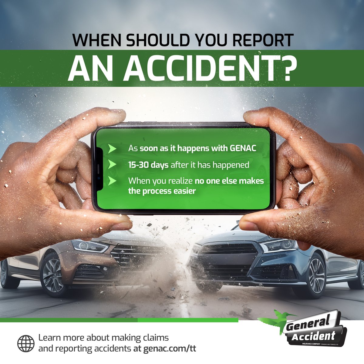When are you most likely to report an accident? Tell us in the comments!
#GenacTT #Trinidad #Insurance #BackUpPlan #AccidentReports