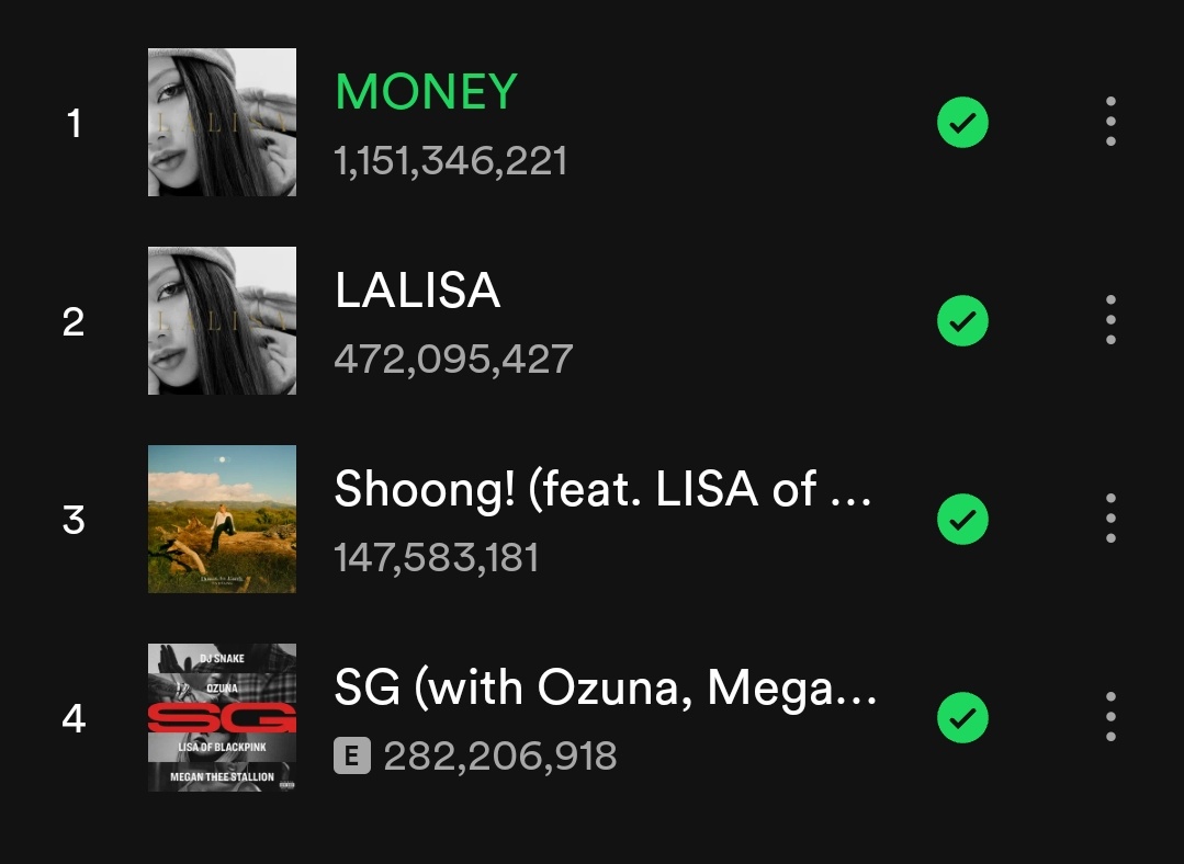 28M streams to go for LALISA to reach 500M streams on Spotify 🔗open.spotify.com/track/2KZ3sNqP… #LISA #LALISA #MONEY #SG #SHOONG