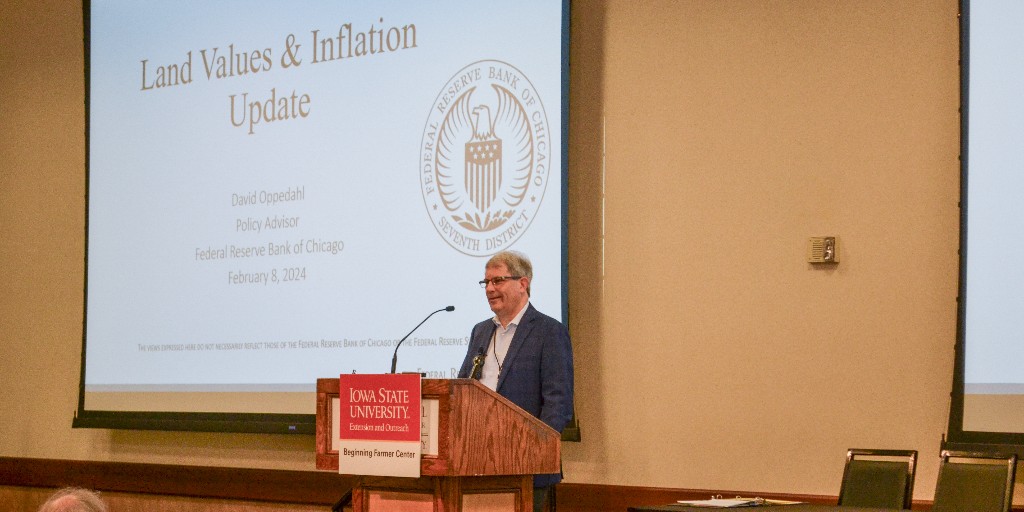 David Oppedahl discussed farmland values and the impact of inflation on farm businesses at the @BFC_IowaState 2024 Farm Transitions Conference in Ames, IA. #InTheDistrict