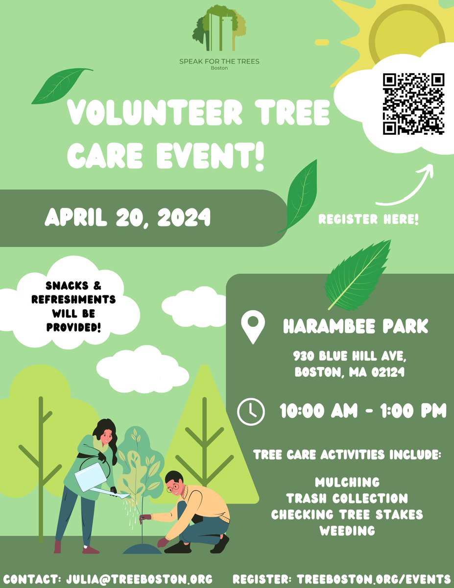 Join us on Saturday, April 20 from 10:00 am - 1:00 pm for our FIRST tree care event of 2024at Harambee Park. We will be mulching, weeding, checking the tree stakes, and collecting litter. All are welcome and encouraged to join! Registration is required. treeboston.org/events/event/p…