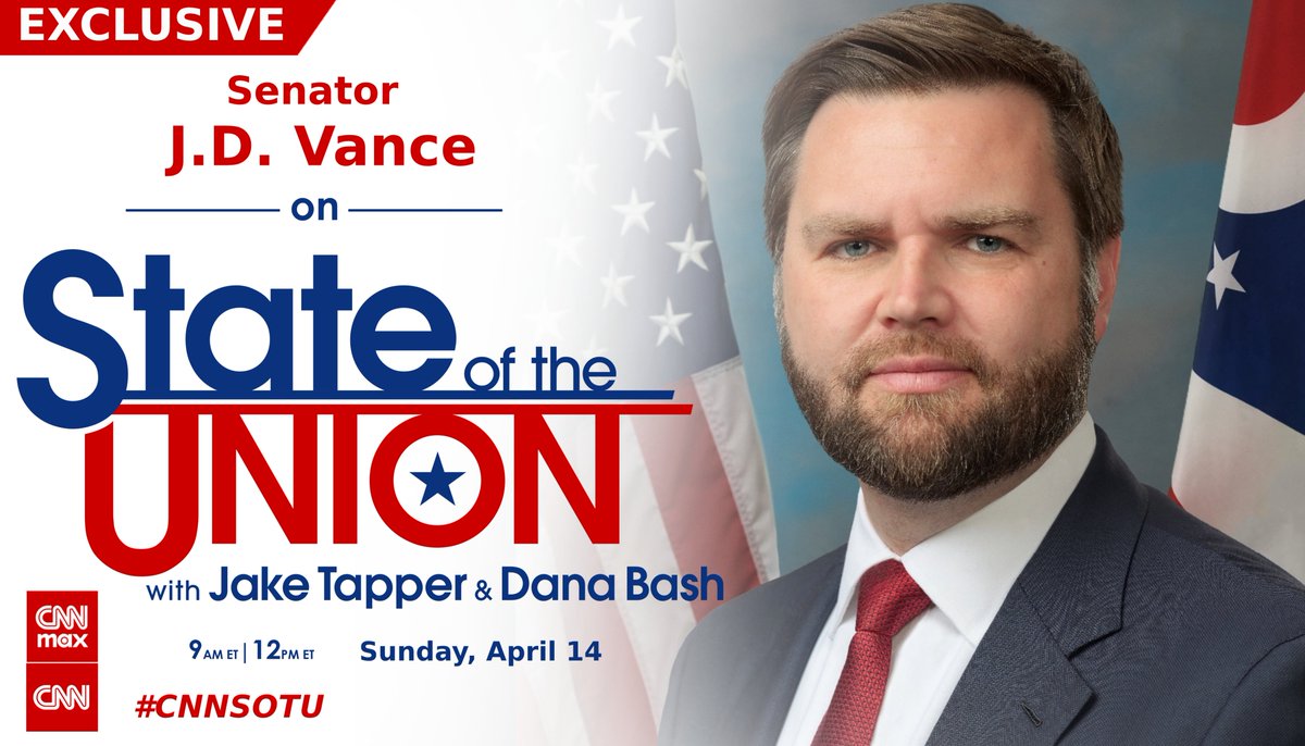 SUNDAY: @JDVance1 joins @JakeTapper on #CNNSOTU Tune in on 📺 @CNN, 🌎🌍🌏 @cnni, @StreamOnMax, 🎧📻 @Audacy, @tunein, @SIRIUSXM Ch. 116 & 🖥️💻📲 cnn.com/GO!