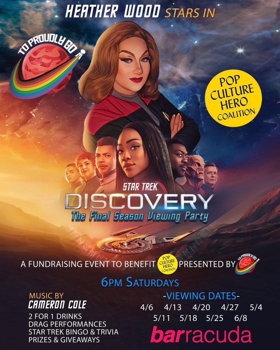 Join me and the To Proudly Go crew 6pm Saturday for our #StarTrekDiscovery #dragshow with 2-4-1 #happyhour drinks, #startrek bingo and trivia, prizes, giveaways and more! Each week helps to support @SuperheroIRL! Event details here: eventbrite.com/e/859053561327