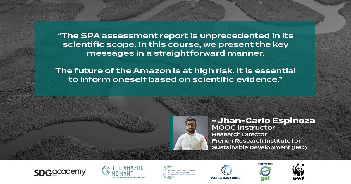 🟢Join us in meeting our instructors for 'The Living Amazon' #MOOC. Jhan-Carlo Espinoza @jcev09, Research Director at the French Research Institute for Sustainable Development (@ird_fr), shares his expertise. Enroll here: bit.ly/AmazonMOOC #AmazonMOOC #TheLivingAmazon