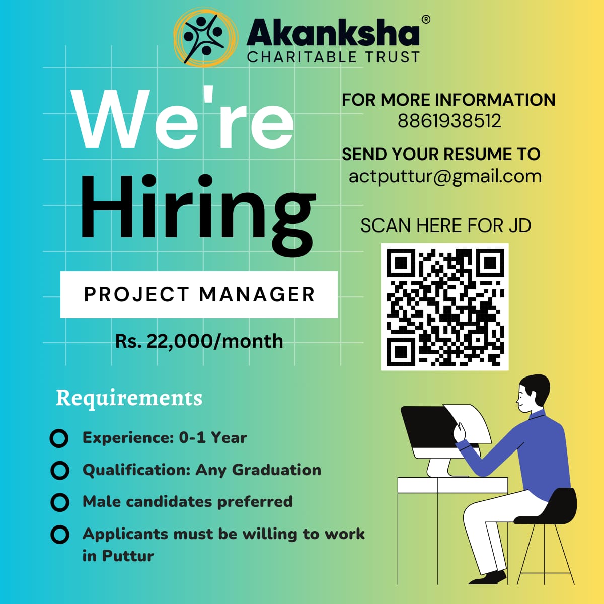 🚨 We're hiring....!! 🚨 Calling all passionate Project Managers Akanksha Charitable Trust is seeking a motivated individual to join our team. If you're interested send your resume to actputtur@gmail.com ☎️ Contact us at 8861938512 for more information. #AkankshaCharitableTrust