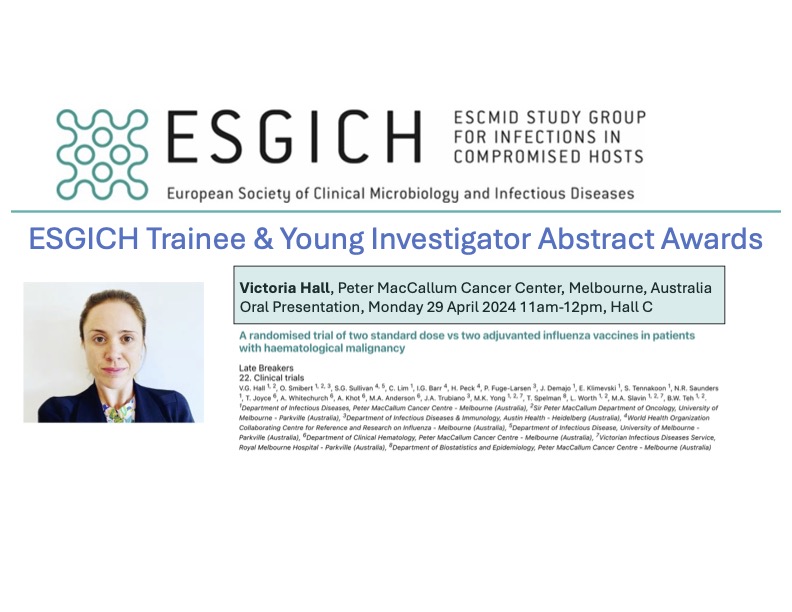 ESGICH (the ESCMID Study Group for Infections in Compromised Host) is awarding 4 trainee and young investigators awards. Congratulations!! Congratulations to @victoriahall26 who will presenting in Hall C on 29 April 11am-12pm.